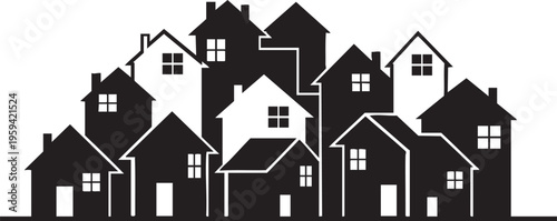 Collection of black and white house icons representing a neighborhood or community perfect for real estate or urban planning concepts