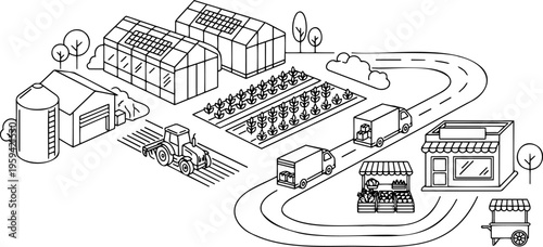 Line art vector of farm to table agricultural supply chain process