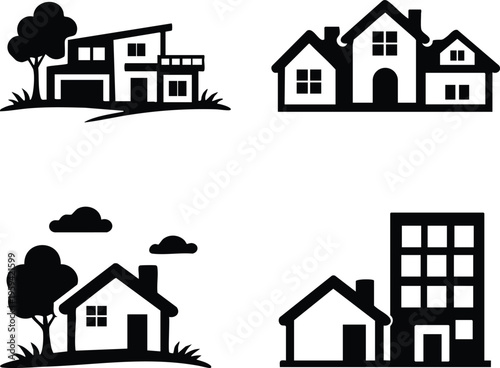 Collection of house and building icons simple black vector illustrations for real estate and urban planning concepts isolated on white