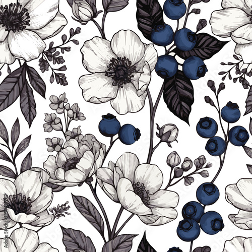 Created on Background with blueberry berry and brunch. Detailed hand drawn ink floral illustration for invitation, wallpaper art vector art with white background