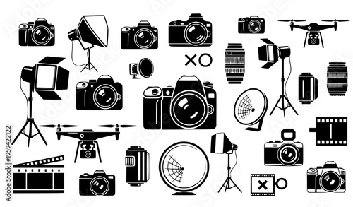 A collection of black and white camera icons and photography equipment illustrations