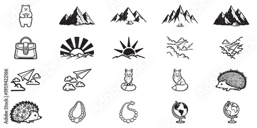 Nature and travel themed doodle sketches with mountains animals and outdoor lifestyle art
