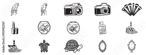 Vintage style hand drawn illustrations including animals accessories and retro equipment