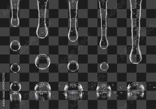 Dynamic clear water droplets capturing light and impacting surface with subtle reflections and pristine air bubbles