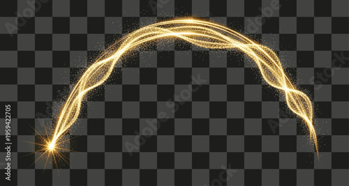 Dynamic golden light trail arcs with glittering particles creating an energetic shimmering wave effect