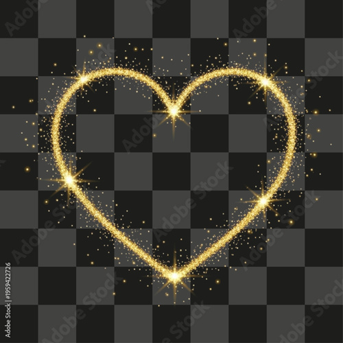 Golden shimmering particles form a sparkling heart shape graphic element ideal for overlay design