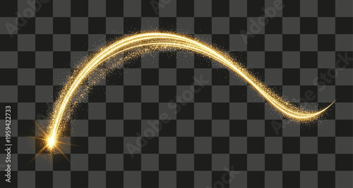 Golden light trail gracefully arcing across an ethereal dark space with luminous particles