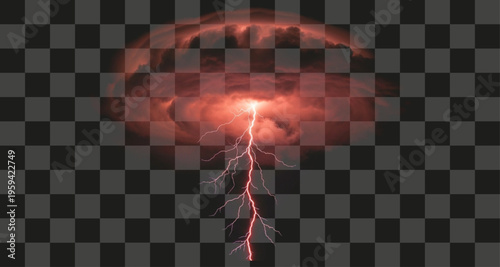 Dramatic crimson storm with powerful electric discharge illuminating dark ominous clouds