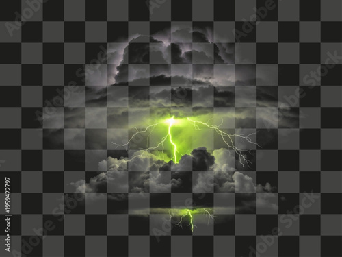 Vibrant electric green lightning illuminating dark storm clouds with dramatic atmospheric energy and reflection