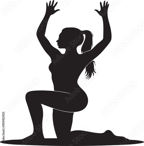 a black silhouette of a woman in a yoga pose kneeling on one knee with arms raised in a circle
