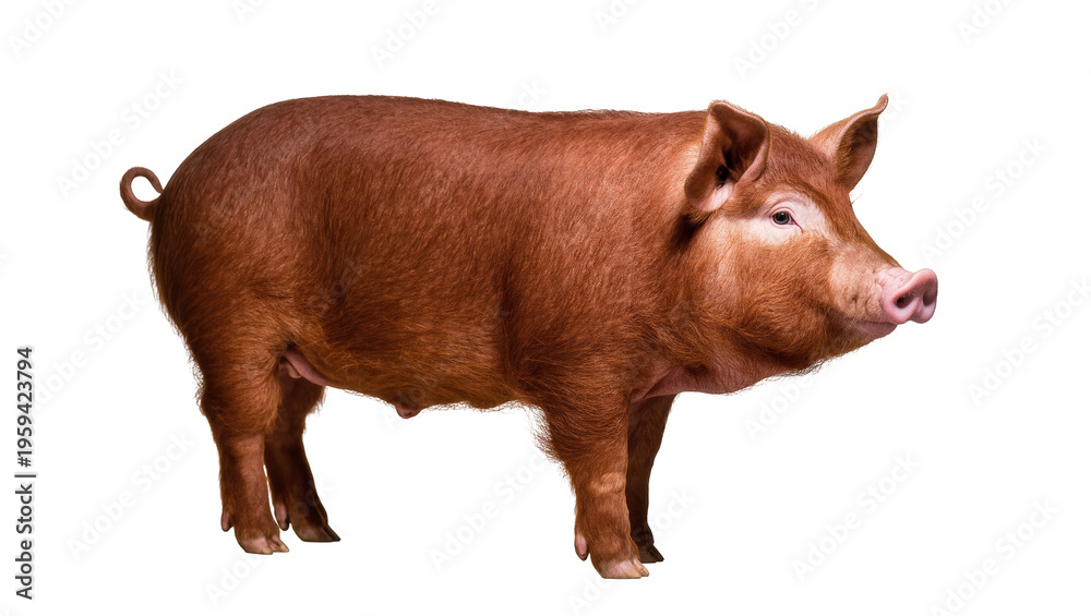 Fototapeta premium A robust reddish-brown domestic pig standing calmly in profile, healthy farm animal