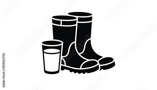 A black rubber boot icon with a glass of water beside it