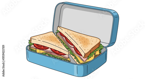 Two delicious sandwiches with fresh ingredients in a blue lunchbox.