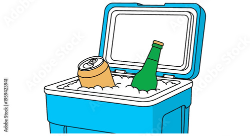 A blue cooler with a can and bottle chilling in ice.