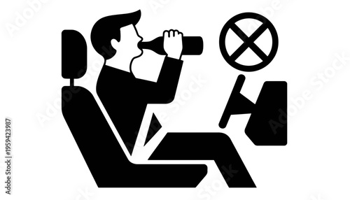 A man sitting in a car with a no binoculars sign
