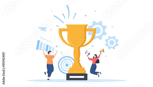 Trophy icon illustration with people celebrating achievement and success