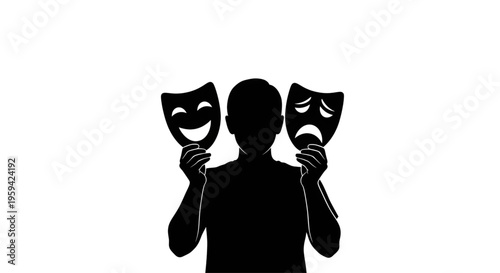 Man silhouette holding happy and sad masks representing bipolar disorder and emotional mood swings