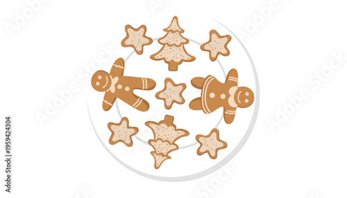 Gingerbread cookies vector illustration on a plate with Christmas trees and stars