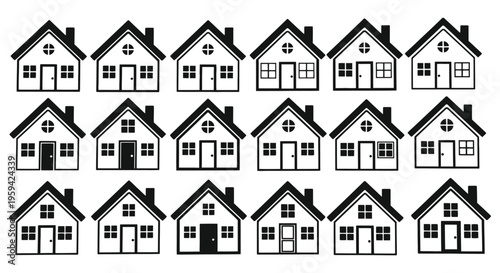 Seamless vector pattern illustration featuring numerous simple house icons arranged in orderly rows for real estate designs.