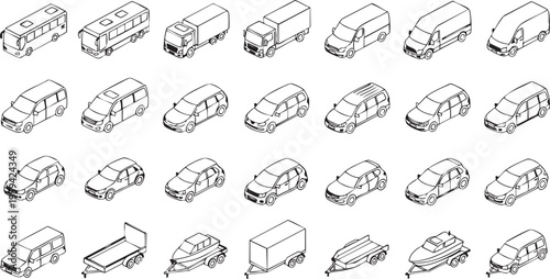 Isometric vehicles collection including cars trucks vans buses and boats on trailers