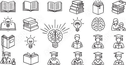 Line of education and learning concepts including books brains lightbulbs and graduates
