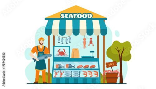 Seafood vendor illustration with a colorful market stall and fresh fish