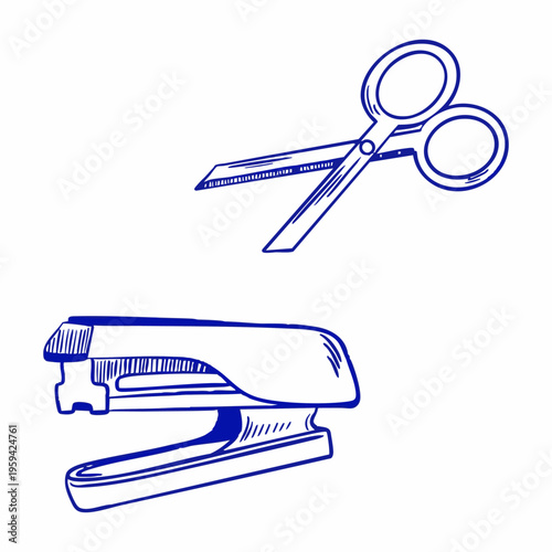 Hand drawn vector illustration of stationery scissors and office stapler, doodle art set, blue line art
