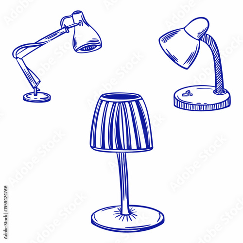 Hand drawn vector illustration of table lamps, doodle art set. Blue line