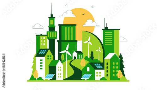A green cityscape illustration with eco-friendly buildings and renewable energy sources