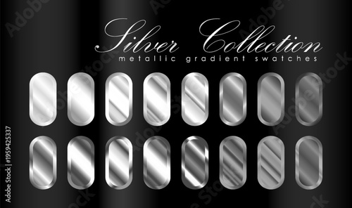 Silver collection of 16 metallic gradient swatches. Premium silver, chrome, platinum and steel vector textures for tech branding, industrial design and logo elements.