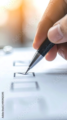 A close-up shot of a hand checking a box with a pen.