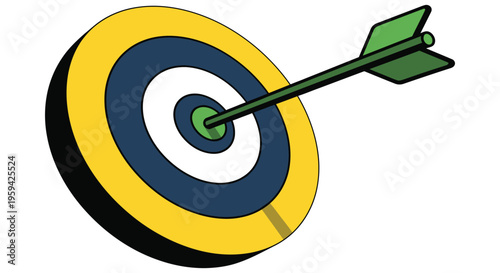 Vector graphic illustration of a green arrow hitting the exact center bullseye of a yellow and blue target