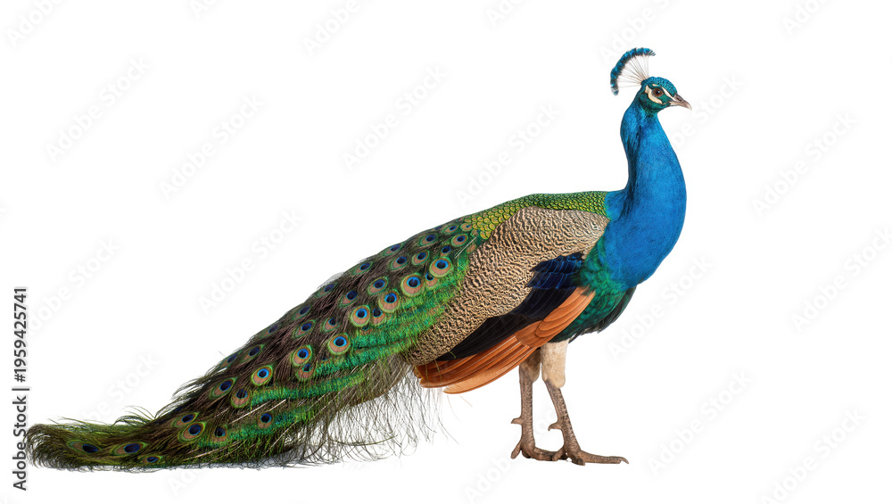 Fototapeta premium Magnificent Indian peafowl with bright blue head, neck and iridescent green tail feathers