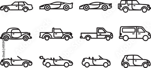 Minimalist black line of nine different vehicles on white background line vehicles cars