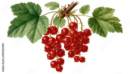Schilderij op canvas Sweet and tart red currants hanging on a stem with green leaves, fresh produce i