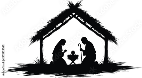 Nativity scene silhouette illustration, baby Jesus with Mary and Joseph in stable, christian christmas concept isolated on white background, religious artwork