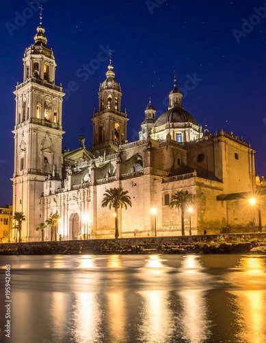 A grand European cathedral, brightly lit at night, reflects beautifully on the still water beneath a starry sky