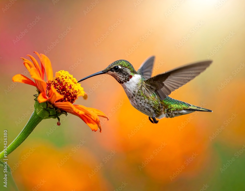 Fototapeta premium Tiny bird approaches orange flower, wings spread, sunny background