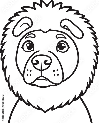Adorable fluffy dog face illustration with a gentle, slightly melancholic expression, perfect for children's coloring books or pet-themed designs, evoking empathy and cuteness
