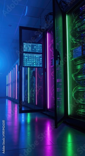 Data center server room with illuminated racks and cabinets in a futuristic cyberpunk style