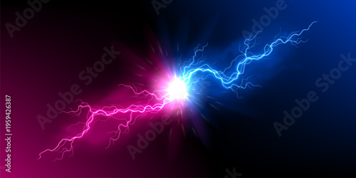 Vibrant pink and blue lightning explosion. Powerful dual-energy concept with pink and blue lightning bolts and bright energy burst. Vector illustration with dynamic lightning discharge.
