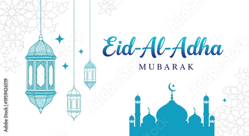 Graceful illustration for Eid al-Adha, featuring ornate hanging lanterns and tranquil mosque silhouettes, embodying peace and festive spirit