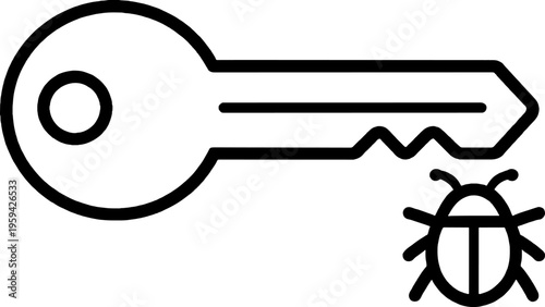 Minimal Line Art Illustration of a Security Bug Key Icon representing Digital Vulnerability, Cyber Attack, or Malware Threat. Perfect for Cybersecurity and IT Security concepts.