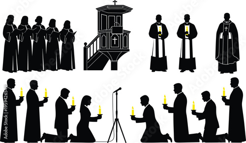 Church worship silhouettes collection, christian prayer ceremony with candles, clergy and choir figures isolated on white background, religious faith illustration set