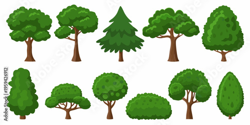Collection of diverse green trees and shrubs in cartoon style