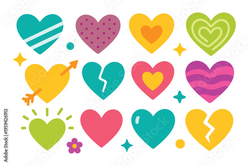 Colorful Heart Icon Collection, Minimalist Love Symbols for Wedding and Valentine, Creative Shapes Set