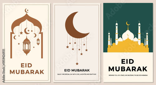 Eid Mubarak greeting cards featuring traditional Islamic motifs like mosques, lanterns, and crescent moons, celebrating the Muslim festival of Eid al-Fitr and Eid al-Adha