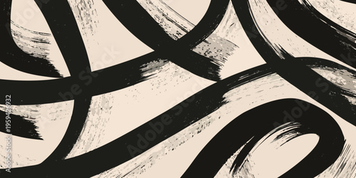 Abstract brushstrokes create a dynamic flowing black and beige pattern