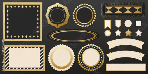 Collection of ornate golden frames and decorative elements on black background