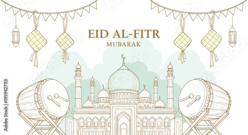 Elegant Eid al-Fitr Mubarak illustration featuring a mosque and decorative elements